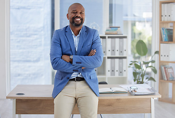 Image showing Happy black man, arms crossed and mature portrait in corporate office, company about us or profile picture of CEO introduction. Smile, confident and management person with financial success mindset