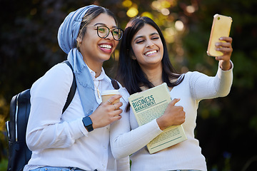 Image showing Young women, friends and students take selfie on campus, university and gen z with happiness. Social media post, content and female youth smile in picture outdoor, business course and class break