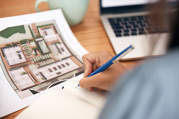 Image showing Architecture blueprint, notebook hands writing and woman working on real estate and construction plan. Engineering, building industry and property development strategy with a female with notes