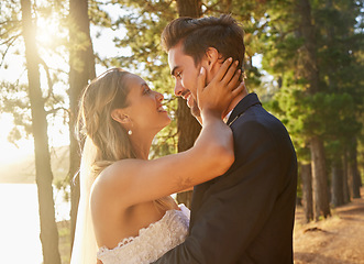 Image showing Wedding, married and love of happy couple in park, forest and nature for celebration of union, care and marriage. Bride, groom and smile in garden for romance, bridal event and celebrate commitment