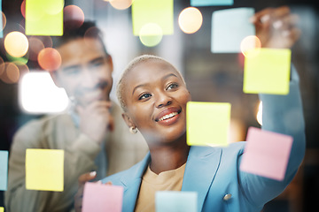 Image showing Planning, writing and business people in schedule, brainstorm or agenda, sticky note or innovation. Idea, partnership and happy black woman leader with solution goal, visual or problem solving answer