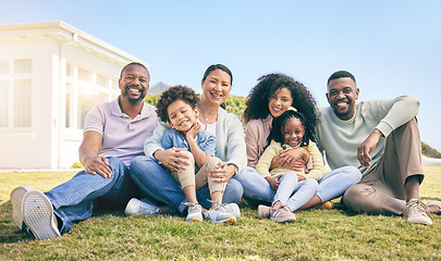 Image showing Family, portrait and generations, relax together on grass with happiness, grandparents and parents with children. Happy people outdoor, summer and sitting on lawn, love and bonding with smile