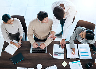 Image showing Business people, meeting and planning manager with marketing strategy, project report and brainstorming ideas. Professional employees or group listening to boss talking of company documents or review