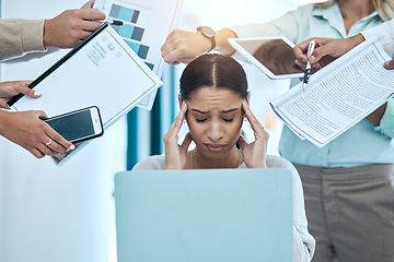 Image showing Headache, stress and multitask business woman with anxiety, burnout and mental health problem on laptop. Time management, phone call and chaos of professional team manager, computer and people hands