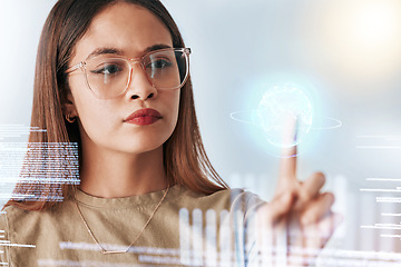 Image showing Hologram screen, coding and business woman with digital data feeling serious in a office. Employee, earth graphic and global web information of a female planning with international stock market info