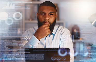 Image showing Thinking, finance hologram and portrait of black man on laptop for stock trading, data analytics and research. Digital overlay, business and male with ideas, brainstorming and strategy on computer