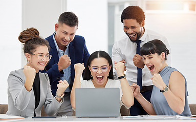 Image showing Business people, laptop and celebration for winning, promotion or bonus in teamwork at the office. Group of excited and happy employees in team victory, achievement or meeting success by computer
