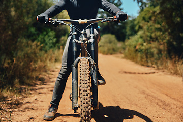 Image showing Mountain bike, person on path and fitness outdoor, ready for cycling and extreme sports with biking and exercise. Workout, riding in nature with bicycle and athlete, training for race with cyclist