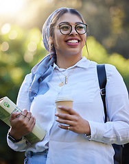 Image showing Study, book and happy woman at park, university campus or outdoor distance learning, education and reading. Gen z muslim, islamic or arabic student with school ideas for research or college knowledge