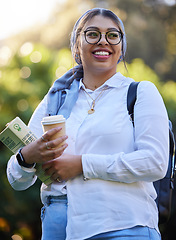 Image showing Happy, break or Muslim student at park on university campus thinking of learning, education or books. Girl, smile or woman relaxing with coffee dreaming of future goals, success or college knowledge