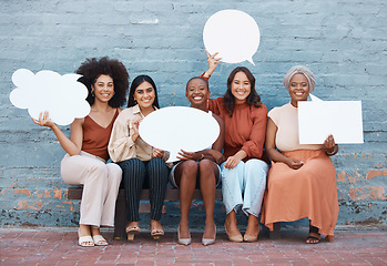 Image showing Portrait, speech bubble and diversity with business women outdoor, holding blank space for text. Collaboration, social media and communication with a happy female employee team sitting on a bench