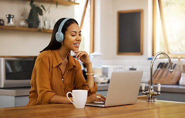 Image showing Video call, remote work and woman in kitchen on laptop for virtual meeting, strategy and planning at home. Freelancer, business and girl with headphones for seminar, working online and conversation