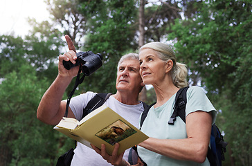 Image showing Book, bird watching and search with old couple in nature for bonding, discovery and travel adventure. Relax, hiking and view with senior man and woman in forest for explore, retirement and hobby