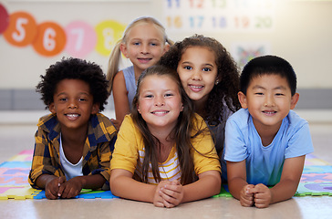 Image showing Education, portrait or happy children in classroom learning or smiling in preschool together with support. Kids development, diversity or students with growth mindset for knowledge in kindergarten