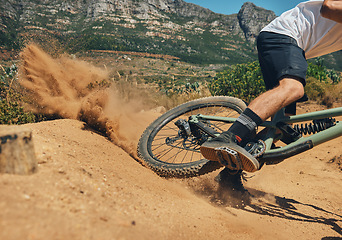 Image showing Cycling, dirt and extreme sports with man on mountain bike for adventure, fitness and adrenaline junkie. Exercise, risk and fast with male athlete in nature for workout, training and action speed