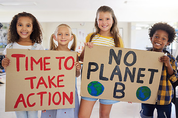 Image showing Children, portrait and poster with friends in protest in a classroom holding signs for eco friendly activism. Kids, green and sign with a child group standing together for community or ecology