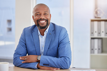 Image showing Happy black man, mature or portrait in finance office about us, company profile picture or CEO introduction. Smile, corporate or management person with business investment, savings or financial ideas