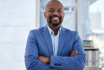 Image showing Happy black man, arms crossed or business portrait of corporate motivation in company about us or profile picture. Smile, confident or mature management person and success mindset or CEO introduction