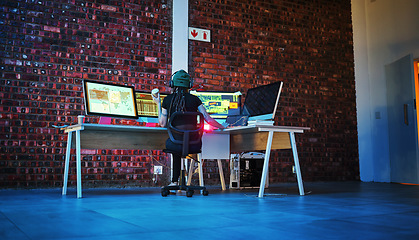 Image showing Coding, hacker woman and computer monitor for cybersecurity, programming and data. Analytics code, dashboard and technology of a female working on futuristic, iot and software database at night