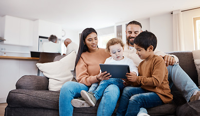 Image showing Bonding, tablet and happy with family on sofa in relax streaming and playing education games. Technology, internet and connection for parents and children browsing online at home for social media app