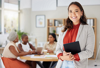 Image showing Happy Asian woman with tablet, portrait and leadership, presentation and speaker with team leader. Business female with smile and digital device in meeting, professional mindset and success in office