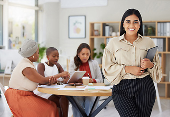 Image showing Business woman portrait, meeting and collaboration of a web analytics group in a office. Teamwork, tablet and logistics leader of female employee in a iot meeting with website statistics and data