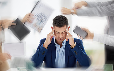 Image showing Hands with paperwork, headache or stressed businessman working with problem or bad mental health. Blurry migraine, anxiety or frustrated worker overworked, tired or exhausted with documents deadlines