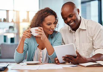 Image showing Happy couple, tablet and planning for finance, budget or application for loan on fintech app in home. Black man, woman or reading on touchscreen ux with smile, financial goals and investment profit