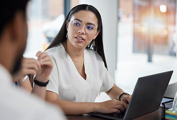 Image showing Business meeting, workshop and woman in office with laptop for team discussion on strategy and planning. Project management, conversation and team brainstorming for proposal, deal or job development.