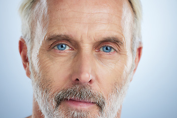 Image showing Old man, portrait and serious, face with skincare and grooming, hygiene with beauty on studio background. Closeup, dermatology and facial with anti aging cosmetic care, senior male and wellness