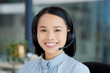 Image showing Asian woman, call center employee and smile in portrait, communication and CRM, headset and headshot. Contact us, customer service or telemarketing with sales, happy female consultant and help desk