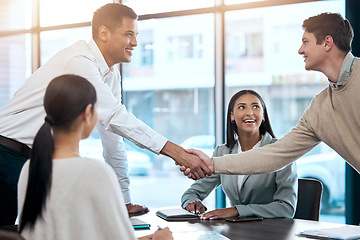 Image showing Business people, handshake and meeting for b2b partnership, deal or agreement in corporate recruitment at office. Businessmen shaking hands in teamwork collaboration, hiring or promotion at workplace