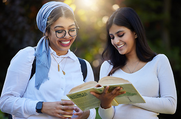 Image showing Books, reading or happy students in park on campus for learning, education or future goals together. Women smile, Muslim or friends studying with school info meeting to research fun college knowledge