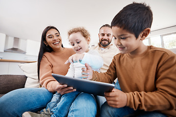 Image showing Happy, tablet and bonding with family on sofa for search, streaming and fun games. Technology, internet and connection with parents and children browsing online at home on social media app or website