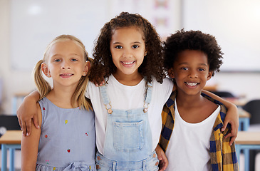 Image showing Education, portrait or happy children in classroom learning or smiling in preschool together with support. Kids development, diversity or students with growth mindset for knowledge in kindergarten