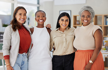 Image showing Team, diversity and business women, portrait and happy in meeting with collaboration and solidarity. Female group, confidence and happy employees, working together and support with trust in office