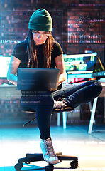 Image showing Woman, laptop or hologram chart in hacker office on stock market analytics, finance research or future data. Financial investment info, phishing or girl trader typing digital graphs forecast