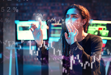 Image showing Woman hacker, finance or hologram chart in night office on stock market analytics, touch planning or growth. Financial data, girl trading or hands on 3d screen interactive ux digital graphs forecast