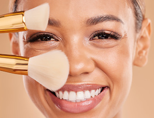 Image showing Makeup brushes, portrait or happy woman with smile, face products or self care on studio background. Facial model, closeup or beautiful girl smiling with beauty cosmetics or natural glowing skincare