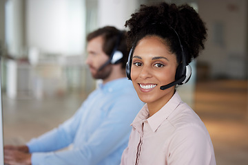 Image showing Smile, customer support and portrait of woman at call center for b2b connection, contact us and consulting. Telemarketing, crm business and happy female worker for friendly service, agency and help