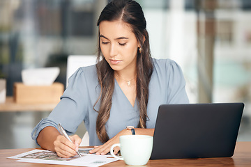 Image showing Architecture notes, laptop and woman working on real estate and construction plan research. Engineering, building industry and property development strategy with a female writing data at a cafe