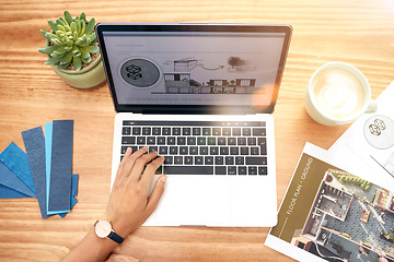 Image showing Architecture, laptop graphic and above hands working on real estate and construction plan. Engineering, building industry closeup and property development with a person writing notes at a cafe