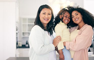 Image showing Portrait of family, mother and daughter with child, love and multiracial relationship with happy adoption. Diversity, mom and grandma with girl, women with smile and support in loving home together.