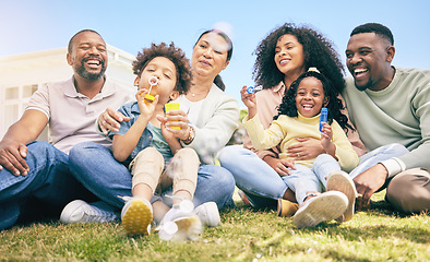 Image showing Family, happiness outdoor and relax on lawn, kids blowing bubbles together with grandparents and parents. Happy people, summer and sitting on grass, love and care, bonding with generations and smile