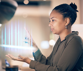 Image showing Woman, hands and digital hologram at night for technology innovation or product placement at office. Female holding virtual, futuristic or holographic 3D dashboard working late on tech at workplace