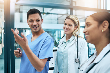 Image showing Doctor, team and coaching in healthcare planning, meeting or brainstorming on glass board at hospital. Group of medical professionals in teamwork, strategy or sharing ideas in presentation at clinic