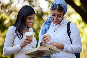 Image showing Books, reading or university friends in park on campus for learning, education or future goals together. Smile, Muslim or students relaxing with school info meeting to research or college knowledge