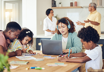 Image showing Work from home family, learning support and children writing, drawing or house education with parents working on laptop. Biracial mom, remote job and dad teaching kids for language development help