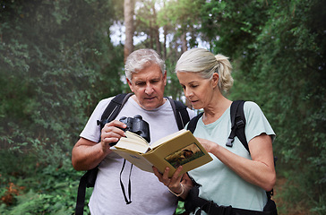 Image showing Book, bird watching and reading with old couple in nature for bonding, discovery or travel adventure. Search, hiking and view with man and woman in forest for explore, retirement or ornithology hobby