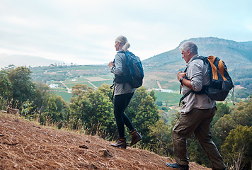 Image showing Mountains, retirement and hiking, mature couple on fitness nature walk with mountain in view in Peru. Travel, senior man and woman exercise on cliff, hike with love and health on holiday adventure.